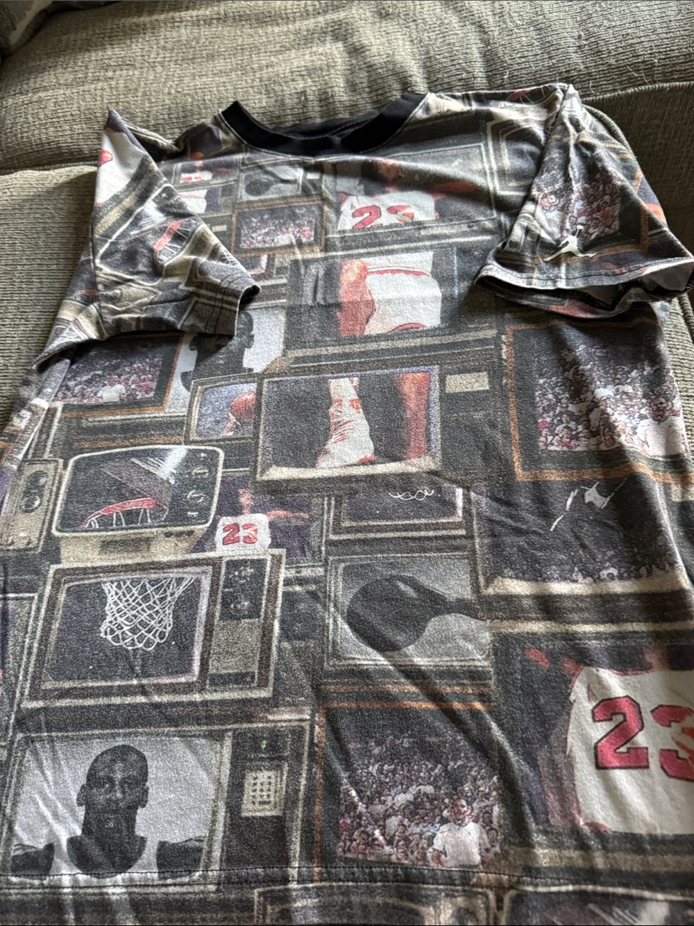 Graphic Basketball Montage Tee in Black and Gray with Red Accents
